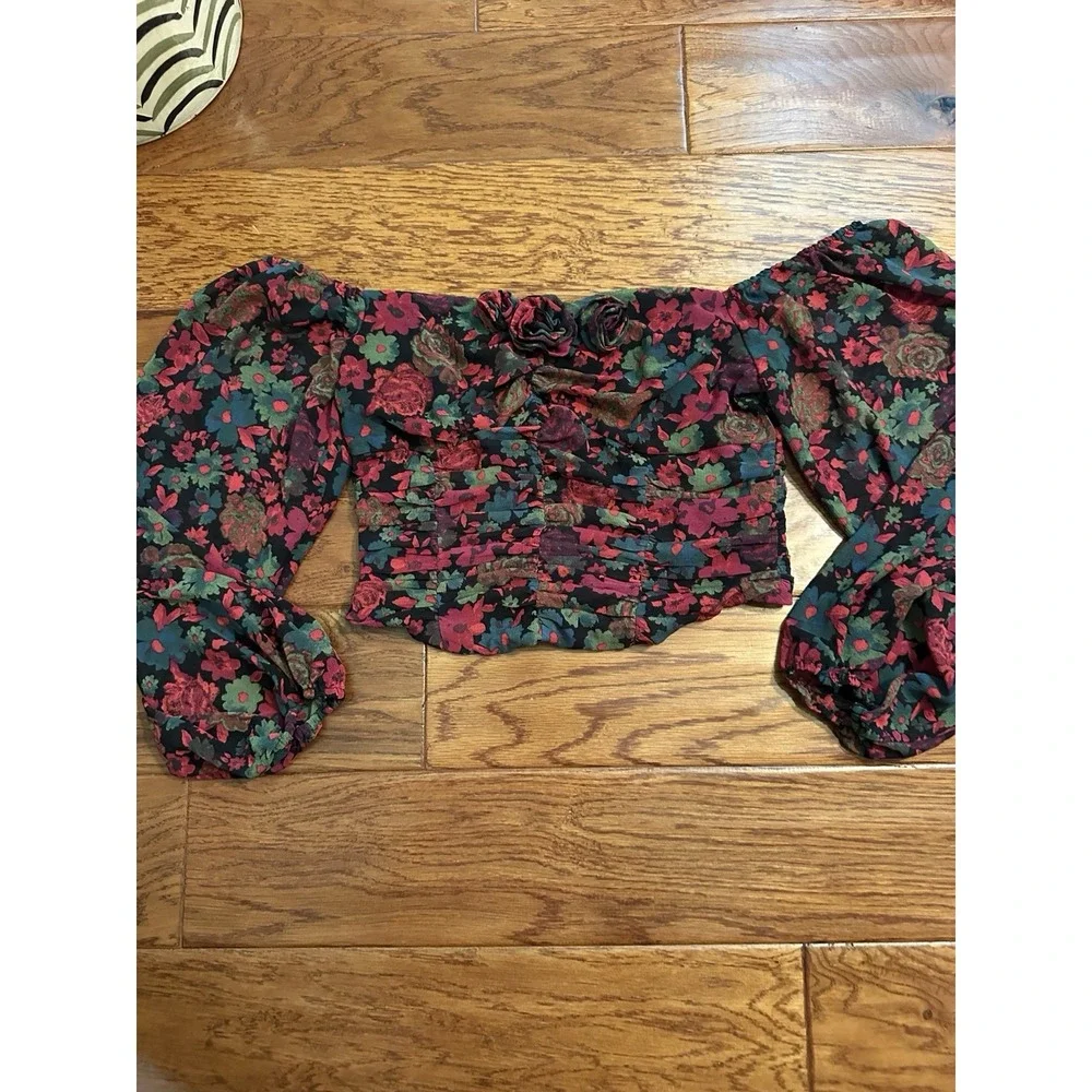 Free People Floral Off Shoulder Crop Top S 3D Rosette Ruched Long Sleeve